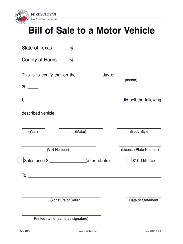 Bill of Sale to a Motor Vehicle Harris County Tax Office  Form