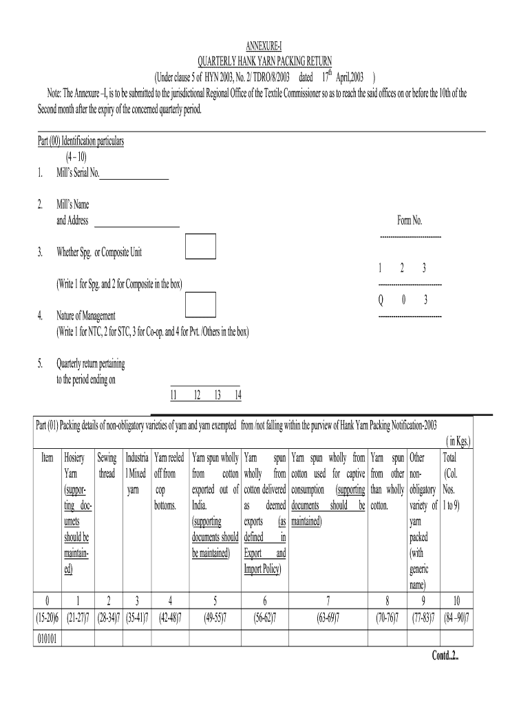  Annexure 1 Quarterly Hank Yarn Packing Return Form PDF 2003-2024