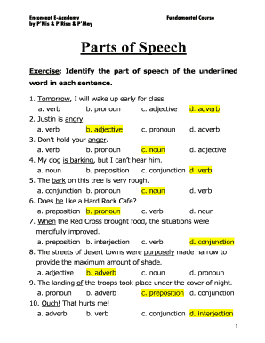 Underline the Parts of Speech Worksheets  Form