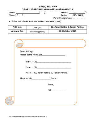 SJKC PEI HWA YEAR 1 ENGLISH LANGUAGE ASSESSMENT 4 Name Class 1 Marks % Date 10 Parents Signature a  Form