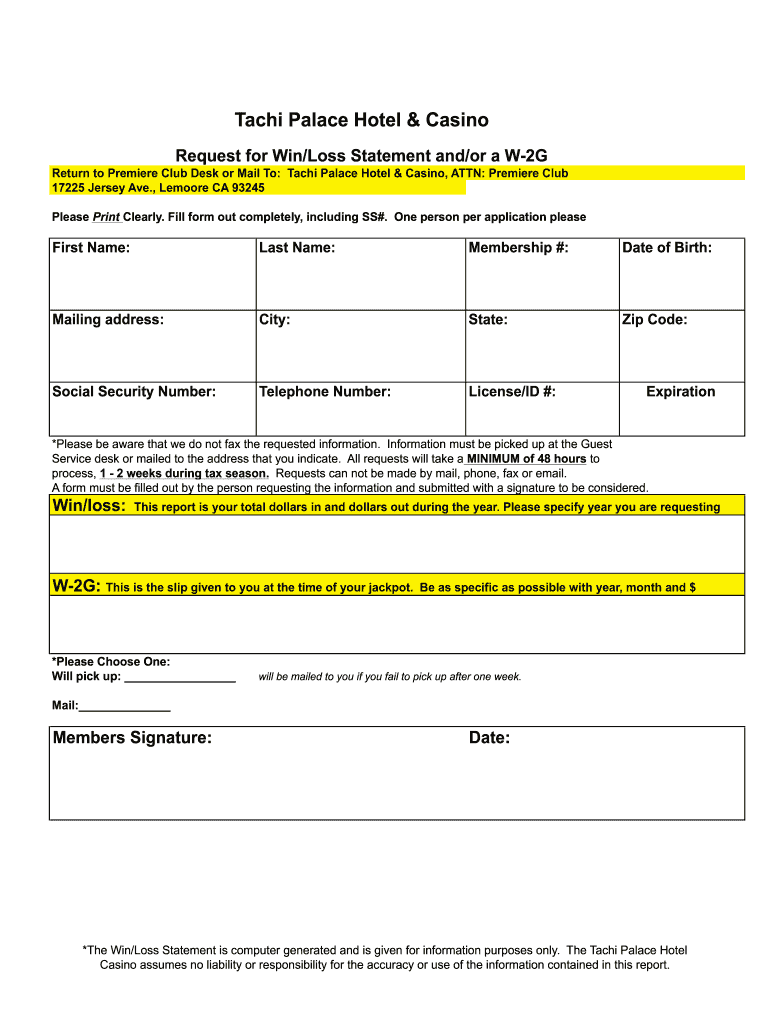 Tachi Palace Win Loss Statement  Form