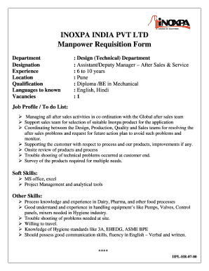 BINOXPAb INDIA PVT LTD Manpower Requisition Form Inoxpa