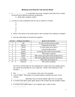 Rocks and Minerals Review Sheet Answers  Form