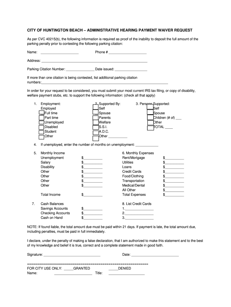 City of Huntington Beach Administrative Hearing Payment Waiver  Form