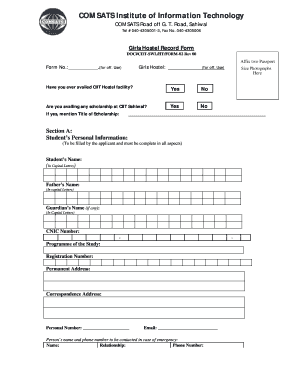 0404305006 Girls Hostel Record Form DOC#CIITSWLHTFORM02 Rev 00 Form No