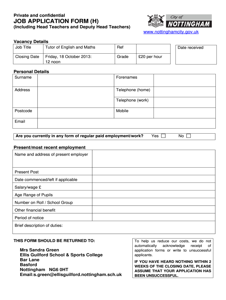 Private and Confidential BJOBb BAPPLICATIONb FORM H Job Application Co