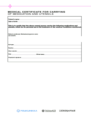 Medical Certificate for Carrying Medication  Form