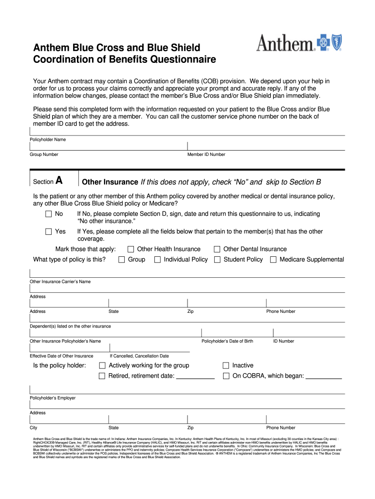 Anthem Coordination of Benefits Form