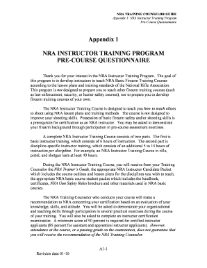 NRA TRAINING COUNSELOR GUIDE Appendix 1 NRA Instructor Training Program PreCourse Questionnaire Appendix 1 NRA INSTRUCTOR TRAINI  Form