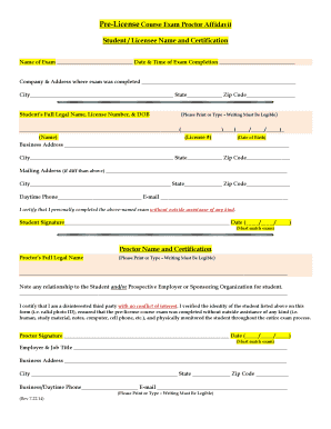 Pre License Course Exam Proctor Affidavit Student Licensee Name Mn  Form