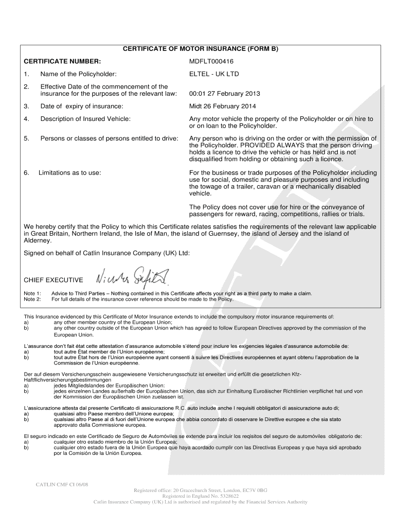 CERTIFICATE of MOTOR INSURANCE FORM B  BEltelb BUKb  Eltel Uk