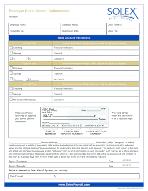 Employee Direct BDeposit Authorizationb Solex Payroll  Form