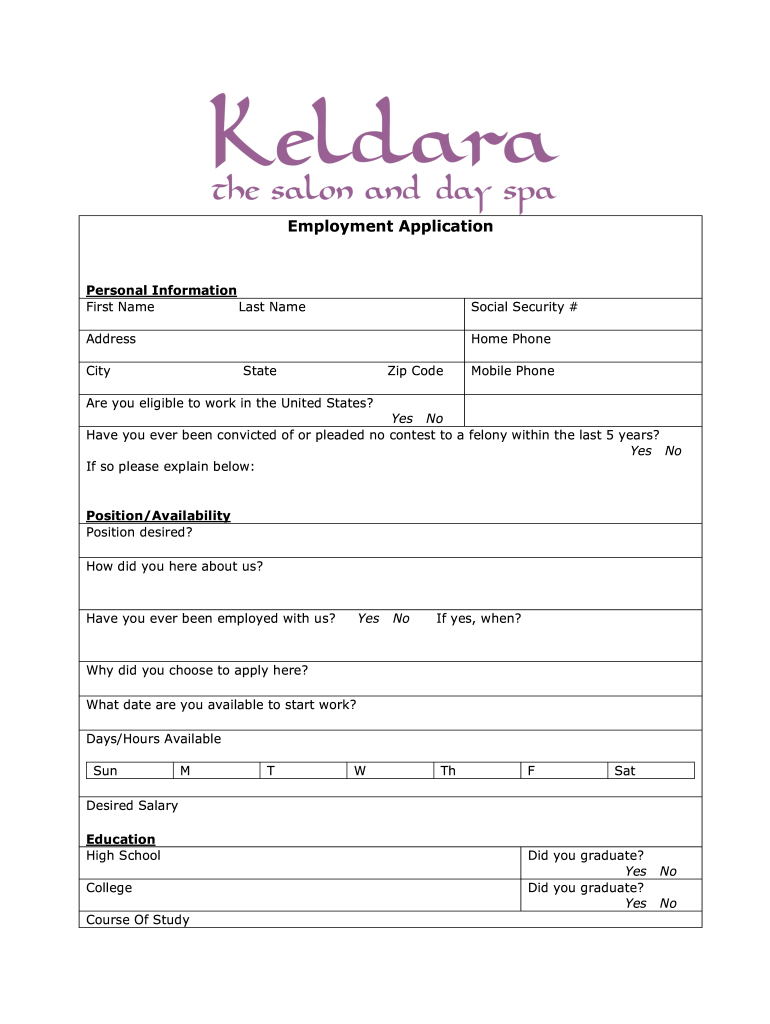 Employment Application BKeldarab Salon and Spa  Form