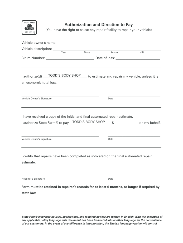 Authorization and Direction to Pay Todd039s Body Shop  Form