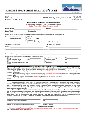 Medical Records Request Endless Mountains Health System Endlesscare  Form