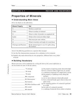 Properties of Minerals Worksheet  Form