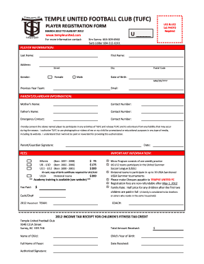 Temple United Football Club Tufc Player Registration Form