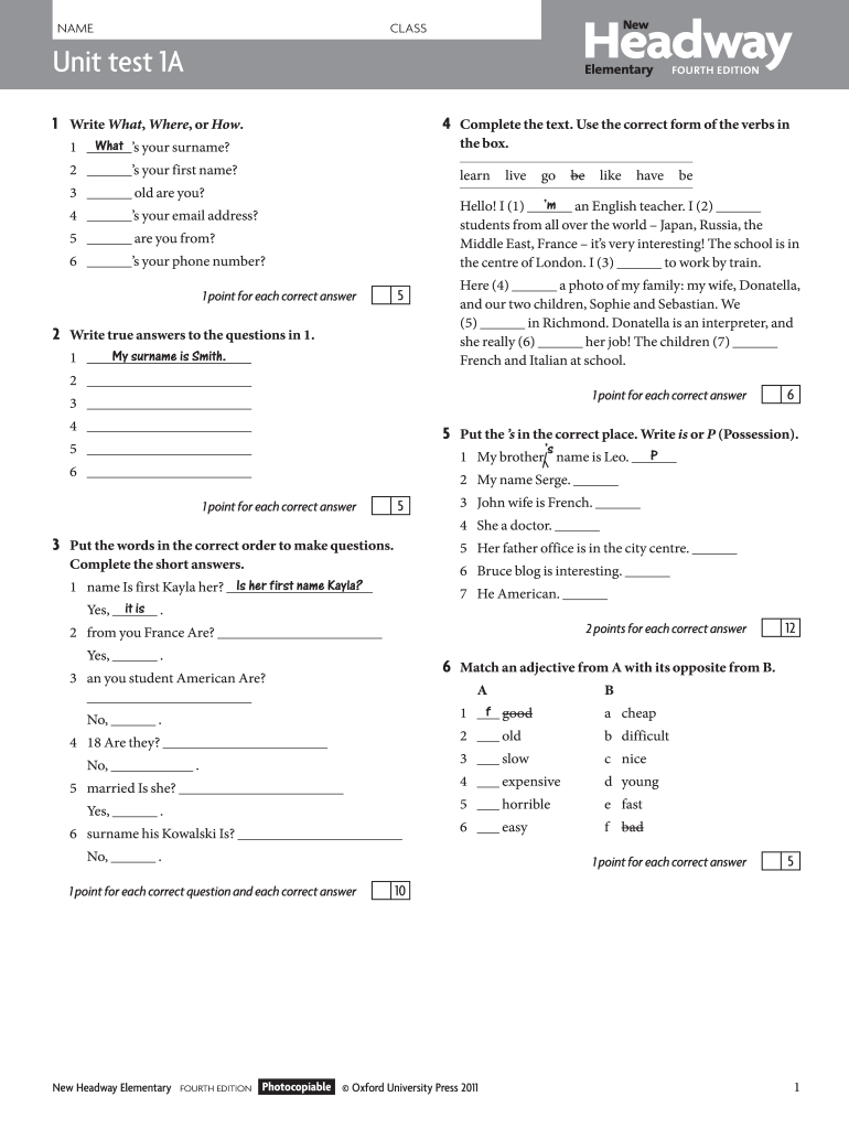 New Headway Elementary 4th Edition Tests  Form