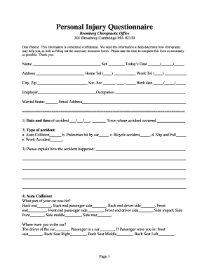 Personal Injury Questionnaire Bbrombergchiropracticbbcomb  Form