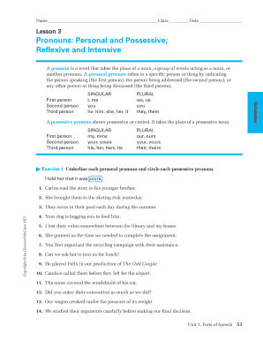 Lesson 3 Pronouns Personal and Possessive Answers  Form