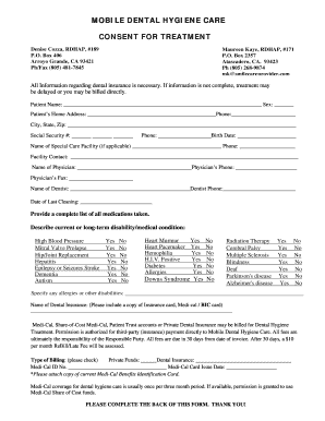 Consent Form for Adults Mobile Dental Hygiene Care