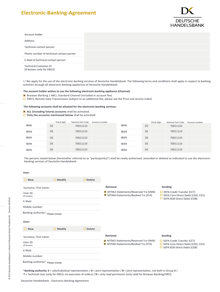 Electronic Banking Agreement Deutsche Handelsbank  Form