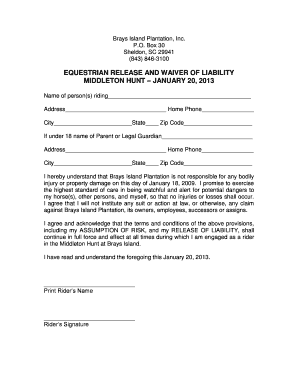 EQUESTRIAN RELEASE and WAIVER of LIABILITY MIDDLETON HUNT  Form