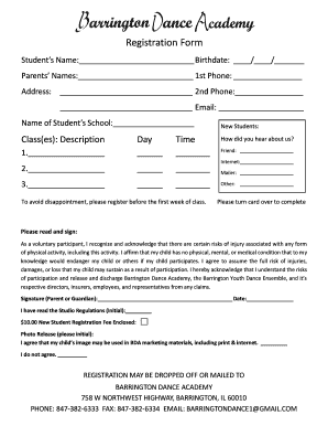  Examples of Ballet Studio Registration Forms 2012