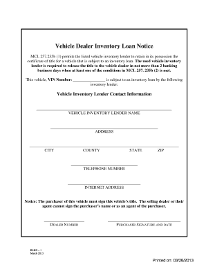 Vehicle Dealer Inventory Loan Notice Michigan  Form