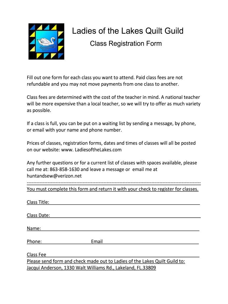 Class Registration Form Ladies of the Lakes Quilters&#39; Guild Ladiesofthelakes