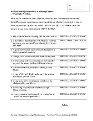 Revised Michigan Diabetes Knowledge Scale TrueFalse Version Diabetesresearch Med Umich  Form