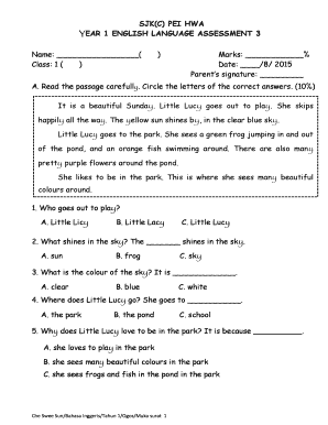 SJKC PEI HWA YEAR 1 ENGLISH LANGUAGE ASSESSMENT 3 Name Class 1 Marks % Date 8 Parents Signature a  Form