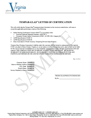 TEMPAR GLAS LETTER of CERTIFICATION Virginia Glass  Form