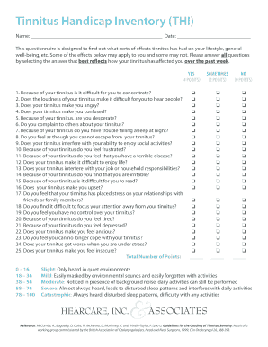 Tinnitus Handicap Inventory THI HearCare, INC &amp; Associates  Form