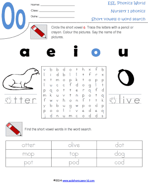 ESL Phonics World Name Nursery 1 Phonics Class Date Short Vowels O Word Search Circle the Short Vowel O  Form