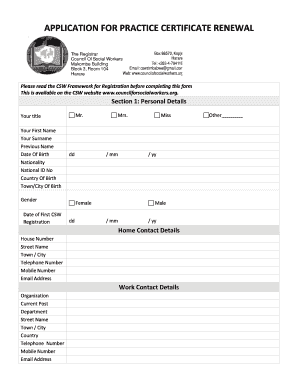 APPLICATION for PRACTICE CERTIFICATE RENEWAL Cswzim  Form