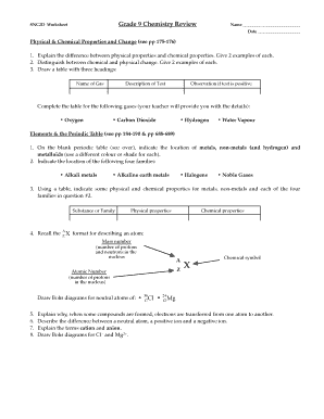 Grade 9 Chemistry Review Worksheet Answers  Form