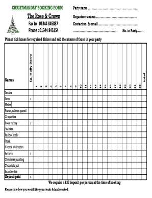 CHRISTMAS DAY BOOKING FORM Party Name the Rose Amp Crown