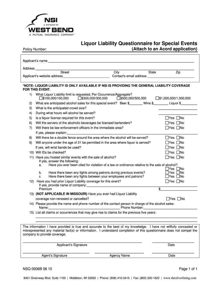 Liquor Liability for Special Events Questionnaire NSQ0006B0610 DOC  Form