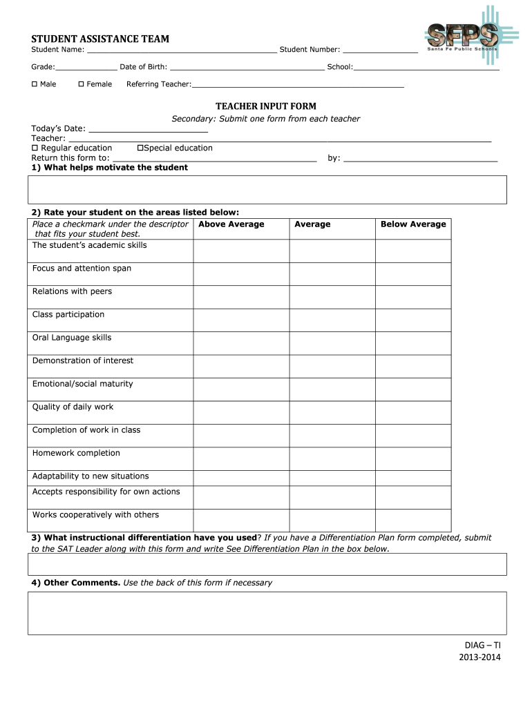 STUDENT ASSISTANCE TEAM Sfps  Form