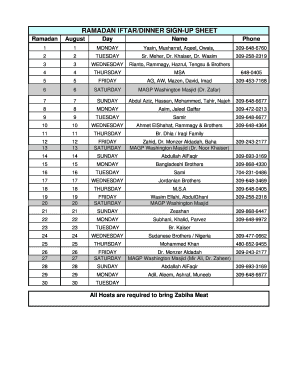 RAMADAN IFTARDINNER SIGN UP SHEET  Form