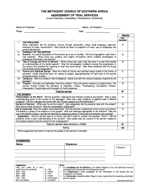 The METHODIST CHURCH of SOUTHERN AFRICA ASSESSMENT of Methodisttraining Co  Form