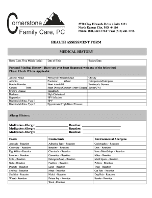 HEALTH ASSESSMENT MEDICAL HISTORY  Form