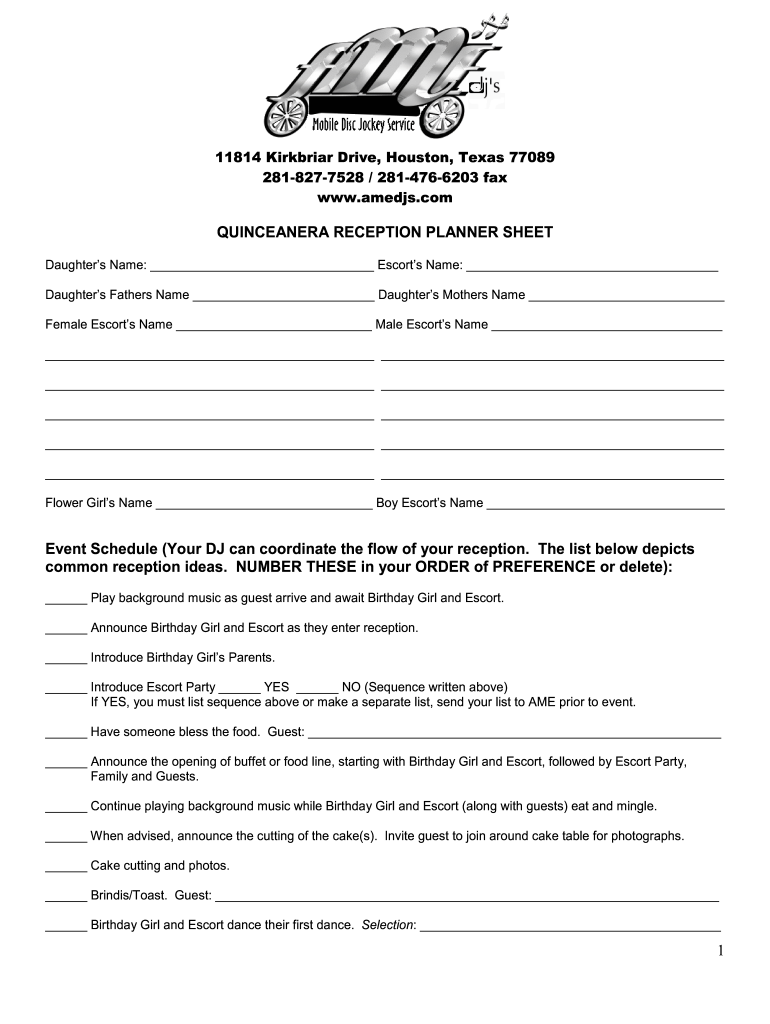 Quinceanera Reception Planner Sheet  Form