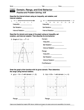 Domain Range End Behavior Worksheet  Form