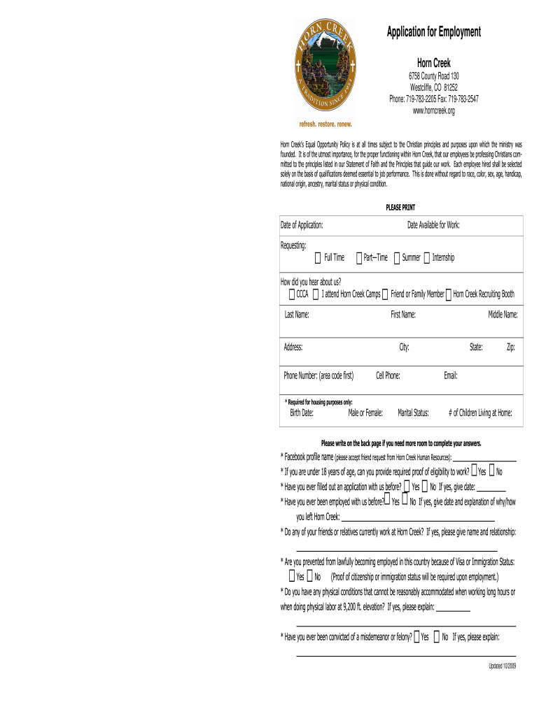 Get and Sign Application for Employment  Horn Creek Camp  Horncreekcamp 2009-2022 Form