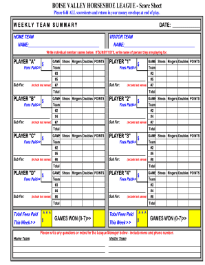 Horseshoe Scoring Sheets  Form