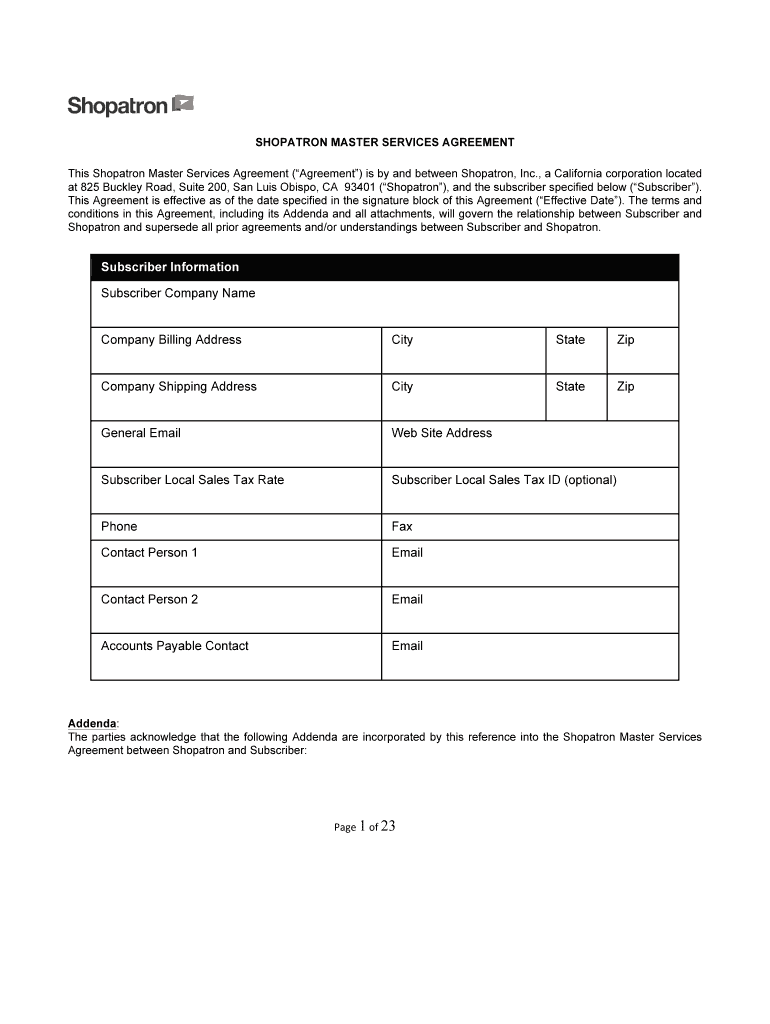 SHOPATRON MASTER SERVICES AGREEMENT  Form