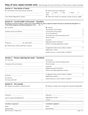 Duty of Care Waste Transfer Note Waste Carriers Licence Wastecarrierslicence Co  Form