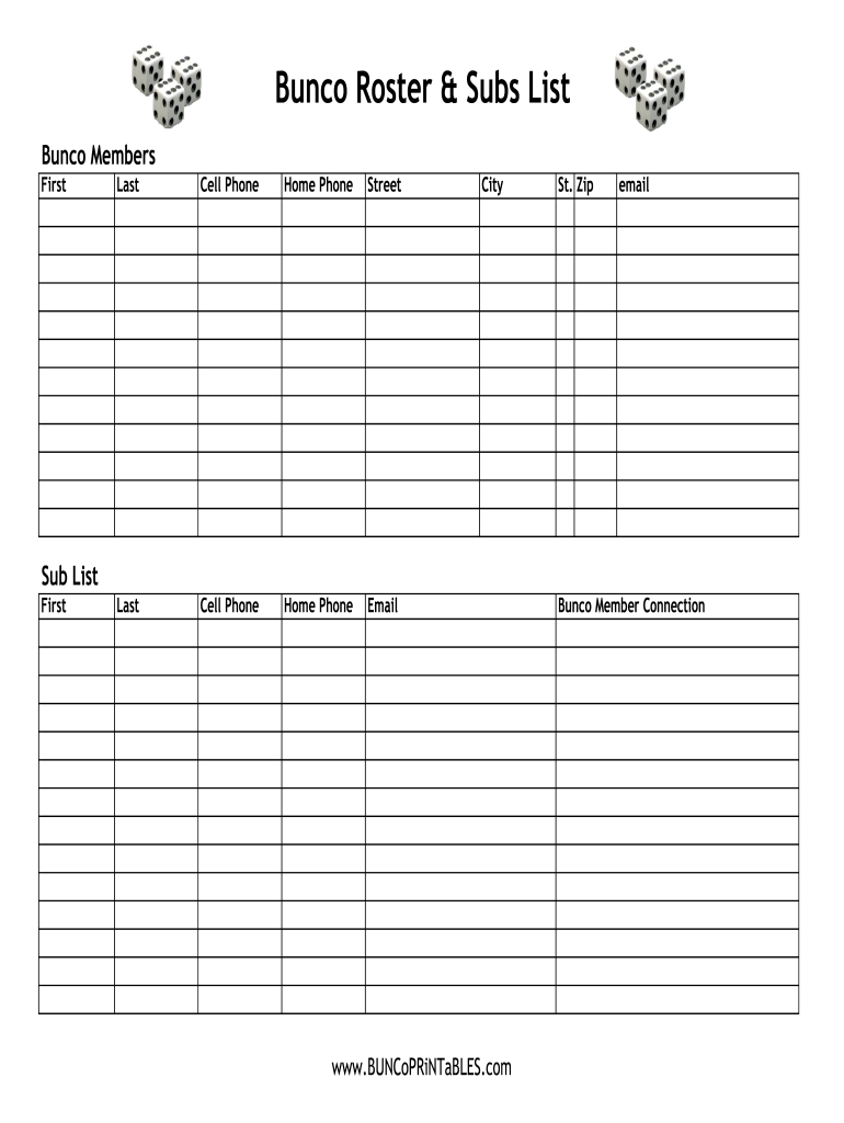Bunco Roster & Sub List  Form